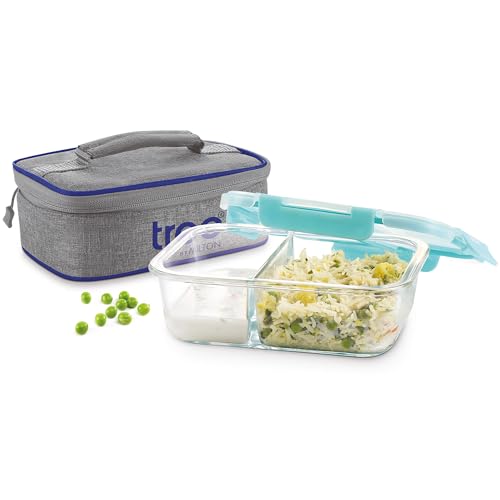 Treo by Milton All Fresh Rectangular Divider Container with Bag, Microwave Safe, Office Two Compartment Lunch Box,Borosilicate Glass, Airtight, Leakpr