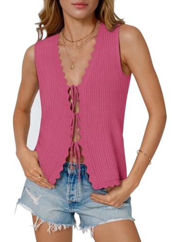 Image of COCCKO Womens Summer Tops Vacation Beach Outfits Cute Tie Front Crochet Vest Knit Sleeveless Sweaters