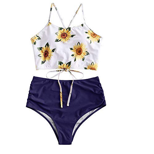 ZAFUL Women's Leaf Print Lace Up Ruched High Waisted Tankini Set Swimsuit