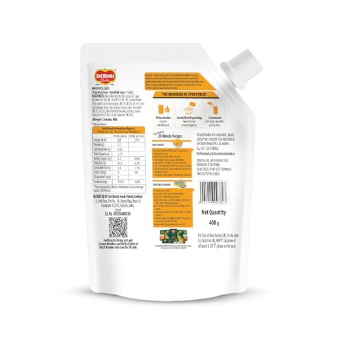 Image of Del Monte White Pasta Sauce Spout Pack, 400 Grams | Restaurant Style Creamy Cheezy | Premium Italian Sauce | 100% Fresh Ingredients | No Added Preservatives, Chemicals, Colors & MSG | Suitable for All Pasta Shapes & Macaroni