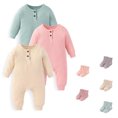 Image of JELYLOVE Unisex Long Sleeve Baby Romper And Sock Solid infant Boy Girl Jumpsuits 0-24Months New Born Outfits