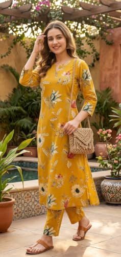 Image of CREATION & YOU Women Cotton Printed Kurta with Palazzo Set | Work /Office Wear Kurta Set for Women