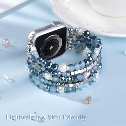 Image of MOFREE Beaded Bracelet Compatible for Apple Watch Band 45mm /44mm /42mm Women, Fashion Handmade Pearl Beads Elastic Stretch Strap for iWatch Series 10 /9 /8 /7 /SE /6 /5 /4 /3 /2 /1 Bue