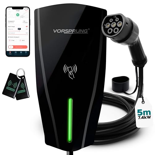 VORSPRUNG® Alpha Max 7.4kW EV Charger | WiFi, Ethernet & RFID | Type 2 | Tethered | Single Phase | Solar Charging | Home EV Charger | IP65, 5m Cable, Variable Power, PEN Protection | 3 Year Warranty