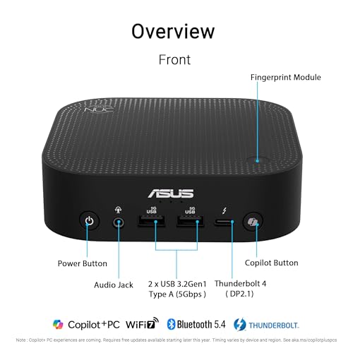 Image of ASUS NUC 14 Pro AI Microsoft Copilot+ AI PC with Intel Series 2 Core Ultra 7 258V, 32GB LPDDR5x RAM, 1TB NVMe SSD, Thunderbolt 4, WiFi 7, Win 11 Pro, Voice Command, Toolless Chassis Access, Mini PC