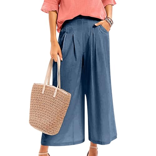 Women’s Plus Size Fashion Wide Leg Pants Palazzo Flowy Elastic Waist Pants with Pockets Navy
