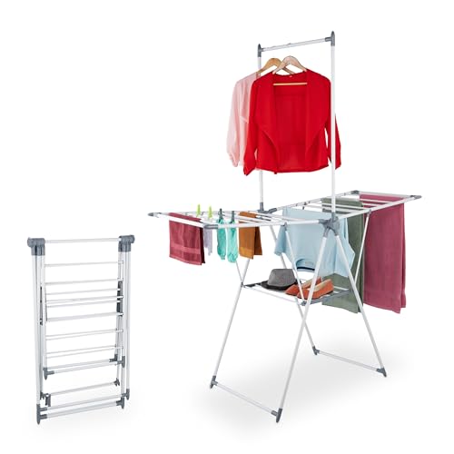 Relaxdays Flügelwäscheständer, Kleiderstange, 15 m Leine, klappbar, HxBxT: 199 x 155 x 69 cm, Stahl, platzsparend, weiß