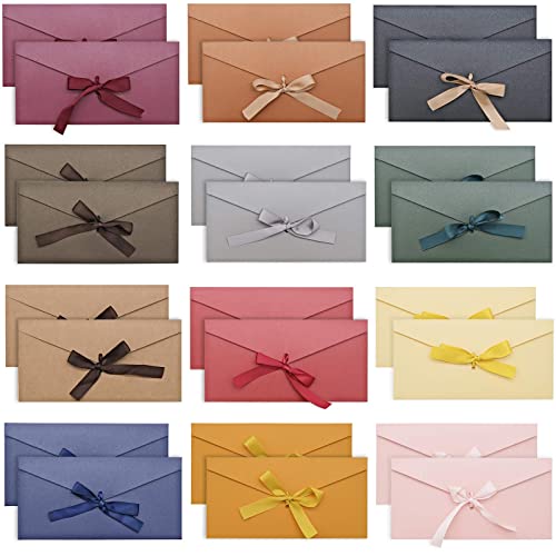 Generic BGAR Pack of 24, Retro Coloured Kraft Paper Envelopes with Ribbons for Invitations, Writing, Postcards, Gifts (11 x 22 cm, 12 Colours), Acrylic