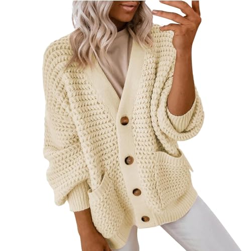 FUPODD Strickjacken Für Damen Zopfmuster Pullover & Strickjacken Für Damen Elegante Strickjacke Damen Übergroße Damen Strickjacke V-Ausschnitt Schulterjacke Top Knopfleiste Strickcardigan Loose