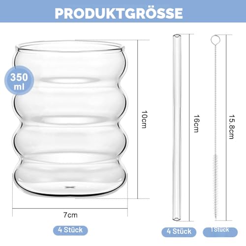 Geriffelte Trinkgläser 4 Stück 350ml mit Glasstrohhalmen – Bild 2