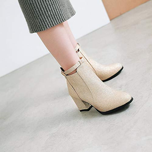 MIOKE Women's Fashion Glitter Dressy Ankle Boots Round Toe Buckle Zip Chunky High Heel Dressy Short Booties3