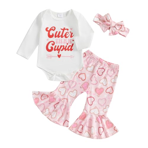 Image of Lamuusaa Valentines Baby Girl Outfit Long Sleeve Letter Print Romper Heart Patterns Flared Pants Headband Set 0-18M