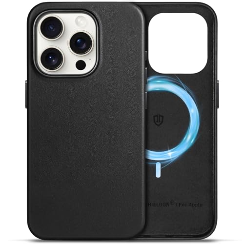 SHIELDON Hülle für iPhone 15 Pro Handyhülle Case [Echtleder] [Kabellos Laden] [Magnet] [Ultra Dünn] [Slim Leicht] Kratzfest Schutzhülle Lederhülle Cover Kompatibel mit iPhone 15 Pro 5G (6 1) Schwarz