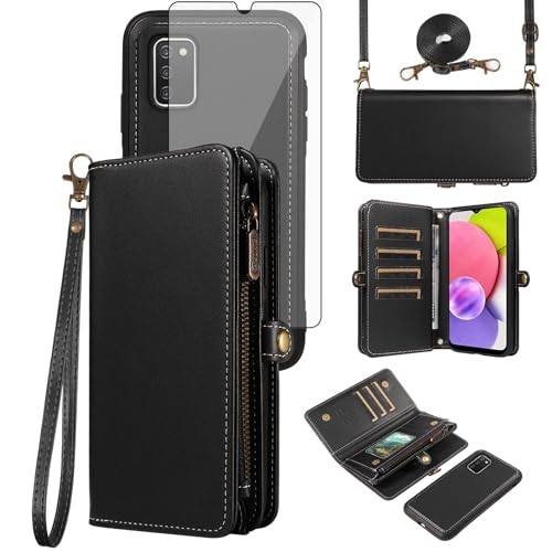 Coque Samsung Galaxy A03s Asuwish avec portefeuille en cuir PU noir et cordon étui à clapet