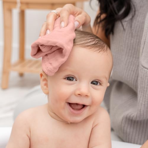 Image of Comfy Cubs Muslin Baby Washcloths 6 Pack - Soft 6-Layer Cotton Wash Cloths for Sensitive Skin - 10 inchx10 inch Large, Gentle, Absorbent Infant Essentials for Newborn and Toddlers - Bold Blush