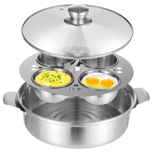 4-Egg Poacher Pan in Stainless Steel, Steamer Pot for Cooking On Induction and Stovetops, Ideal for Soups and Boiled Eggs, Dimensions 9.4×2.6