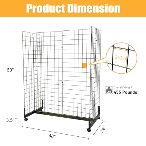 DIYTUNINGS 5' x 2' Grid Wall Panel with Wheels 265 LBS, Gridwall Tower with Rolling Base, Metal Grid Wall Shelf Display Stand Detachable, Craft Show Gridwall Display Rack, Art Display