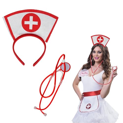 mdgfge Halloween Nurse Role Play Accessories Nurse Cosplay Outfit Set Red Sexy Nurse Hat Headband Fake Stethoscope for Women Halloween Masquerade Cosplay Party Accessories Supplies (2Pcs)