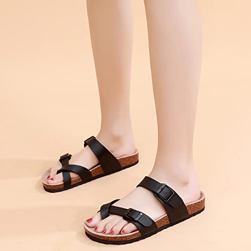 Image of WTW Cork Footbed Womens Sandals Genuine Leather Insole Slides Sandals for Women Adjustable Buckle Summer Sandals Outdoor Walking