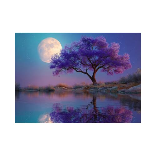 XENIOU cuadro arbol de la vida Paisaje marino de la luna del árbol púrpura decoración de pared, posters para pared, cuadros modernos, Salon para Dormitorio, Baño.（Multicolor-40x60cm Sin marco