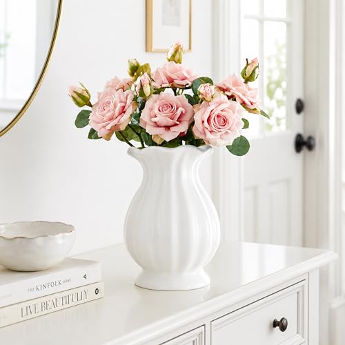 White Ceramic Vase, 7.8 Inch Farmhouse Flower Vase for Home Decor - Image 4