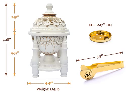 AM 4P Luxury Bakhoor Burner – White & Gold Incense Holder for Frankincense – Spiritual Gift for Eid, Diwali & Christmas – Elegant Home Decor