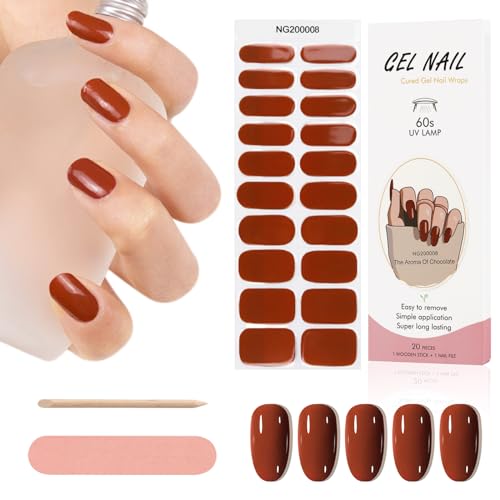 Kalolary 20PCS Nagelgellakstrips, Donkerrood Volledige omslagen Nagellakstickers Uitgeharde Gel Nagelstrips Zelfklevende Gel Nagellakstickers Stickers met nagelvijl en stick （UV / LED-lamp vereist）- H