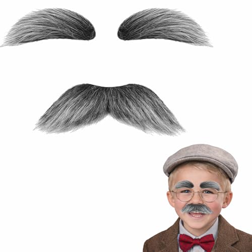 Shaxcoq Old Man Mustache and Eyebrows Gray White Fake Mustache for 100 Days of School Halloween Costumes Grandpa Dress-Up Accessories for Adults & Students (1 Pack)