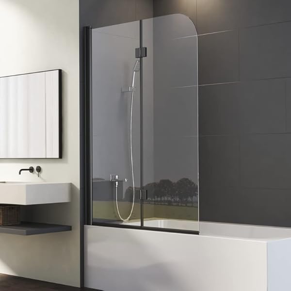 Duschwand für Badewanne 2-teilig 120x140cm Mattes Schwarz Doppelfaltflügeltür Duschtrennwand mit 6mm Nano Glas, Trennwand Faltbar Badewannenwand Sicherheitsglas Badewannenaufsatz Dusche