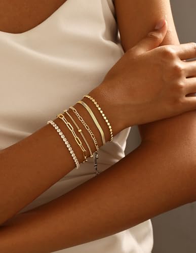 DEARMAY Waterproof Gold Bracelets Set for Women Trendy, Dainty 14K Real Gold Plated Jewelry Fashion Stackable Tennis Beaded Figaro Herringbone Paperclip Link Bracelet Pack Stack Gifts for Women3