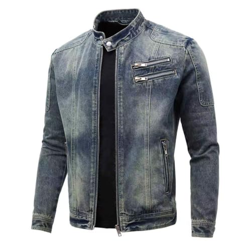 Image of Men's Denim Jacket Vintage-Inspired Jean Jacket with Multiple Pockets - Cotton Blend, Machine Washable