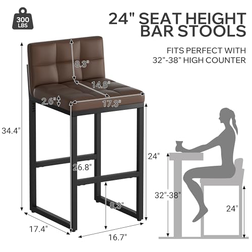 Image of Brown 24 inch Bar Stools Set of 2, Modern Faux Leather Counter Height Bar Stools with Low Back and Footrest, Sturdy Thickened Metal Leg, Upholstered Kitchen Bar Chairs for Island