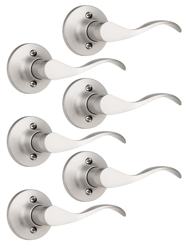 Image of Mengico 6 Pack Satin Nickel Dummy Door Lever, Single Right Side Door Handle for Closets, Non-Turning Pull Only Lever Set, Wave Style Interior Door Knob
