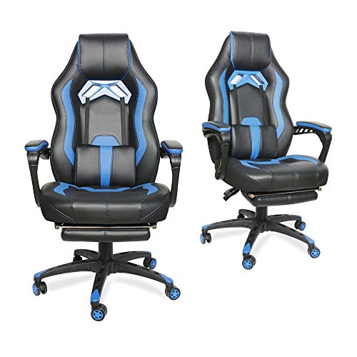 Gaming Chair Racing Massage Computer Chair - Footrest Cushioned Comfort High Back PU Leather USB Vibrator Ergonomic Recliner Home Office Video Game for Kids for Gift (Blue, D01)