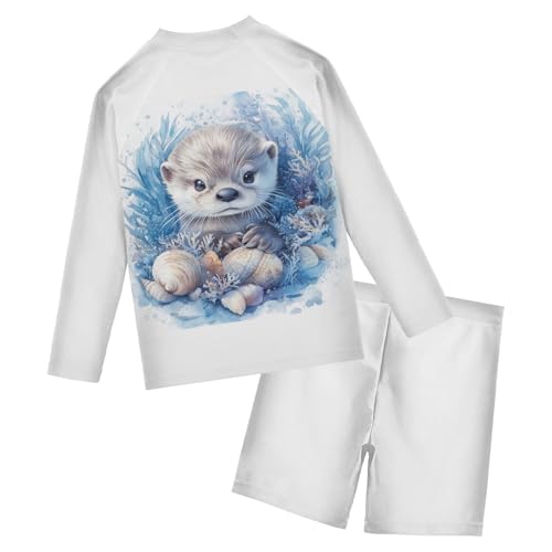 Watercolor Otter Seashells Toddler Swimsuit Boy 3T Long Sleeve Swimming Shirt Outfit Set with Swim Trunks, 2 Piece2