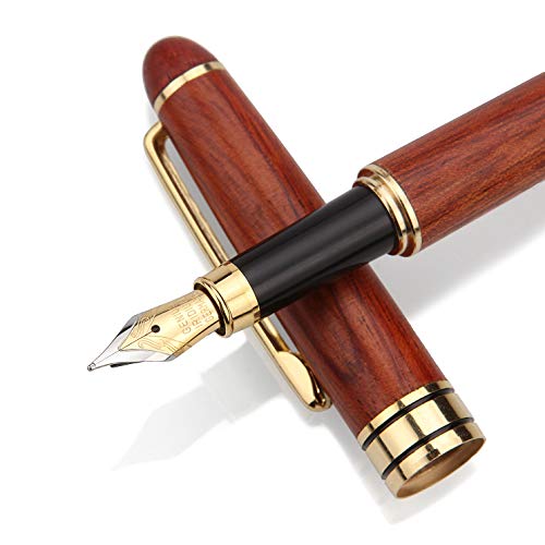 Advcer Fine Nib Fountain Pen With Wood 2In1 Pen Stand Gift Case, Vintage Rosewood Barrel Gold Trim Refillable Executive Fountain Pen And Showcase Set (Screw Type Ink Converter) For Business & Writing #TOP22