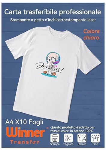 WinnerTransfer A4X10,Carta per trasferimento in Tessuto per Cotone Leggero, stampanti a Getto d'inchiostro e Laser, Carta per trasferimento in Tessuto,transfer paper, Colore: Bianco