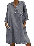  ORANDESIGNE Robe Été Femme de Plage Rétro Robes Col V Lin Robes Manches Courte Couleur Unie Casual Tuniques Chic Robe Chemise Gris FR 44