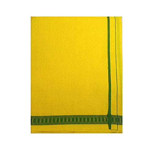 Kolakeer™ Men's Cotton Color Dhoti Set - 1.9 Mtrs Dhoti with 1.2 Mtrs Angavastram - Pentex Mundu Angavastram Set (Yellow)2