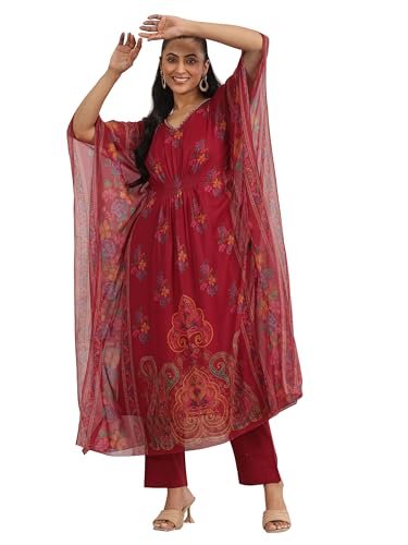 Image of Libas Womens Printed Chiffon A Line Kurta With Trousers | daily wear suit
