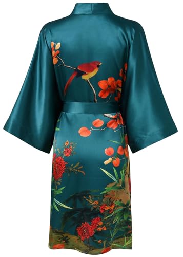 Image of Women's Silk Kimono Robe Short Bathrobe Nightgown 100% Mulberry Silk for Women - Classic Floral Pattern