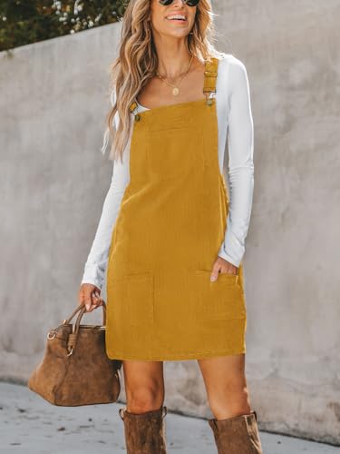 Image of CUPSHE Women Corduroy Fall Dresses Front Bib Pocket Square Neck Wide Strap Casual Overall Mini Dress