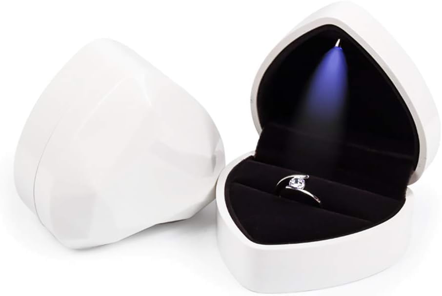 Image of Heart Ring Box with LED Light, Luxury LED Lighted Engagement Ring Box, Velvet Earrings Jewelry Case with Light, Jewelry Display Box for Wedding, Engagement, Proposal, Birthday and Anniversary-White