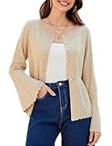 Women's Button Down Long Sleeve Cardigan Classic Flowy Soft Crew Neck Knit Sweater Champagne S