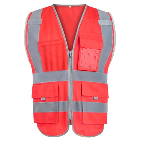 GOGO 9-Bolsillo de Alta Visibilidad Chaleco de Seguridad Tiras Reflectantes Contratistas Uniforme de Trabajo, Rojo, M