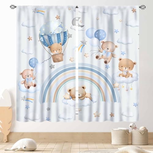 TKUYO Bear Curtains for Kids Room, Baby Boys Girls Cute Lovely Bear Cloud Boho Rainbow Pastel Blue Window Drapery Treatments for Living Room Bedroom...