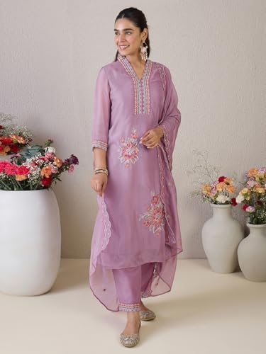 Image of INDO ERA Women's Straight Organza Floral Embroidered Kurta & Pant with Dupatta Set (IESTR9806)