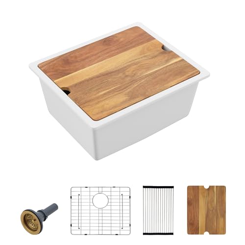 Image of Fulorni 18"x18" Undermount Wet Bar Sink Workstation - White Granite Composite Quartz Classic Single Bowl Under Counter Small Kitchen Bar Prep RV Sink Basin