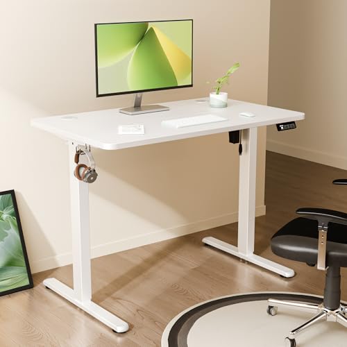 Image of ERGOMAKER Electric Standing Desk 100x60cm (39.4 inchx23.6 inch), Height Adjustable Sit Stand Desk with Splice Board for Home Office, Computer Desk Memory Preset (White Frame + White Desktop)