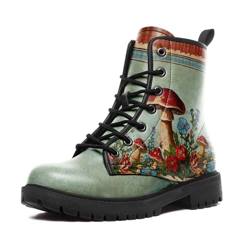 Women's Bohemia Mushroom Combat Boots Fashion Flower Lace-Up Ankle Booties for Walking, Hiking, Festivals,Casual Wear - Main Image